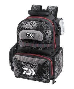 Daiwa Tactical Backpack left facing black prymal color with red accents