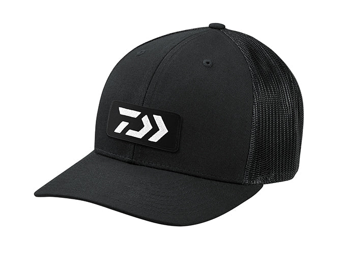 Black Trucker cap with white embroidered Daiwa logo on front