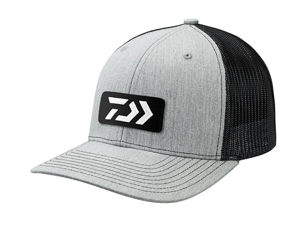 Grey and Black Trucker cap with black rubber patch showing white Daiwa logo