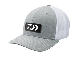 Grey and White Trucker cap with black rubber patch showing white Daiwa logo