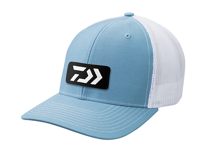 Light Blue and White Trucker cap with black rubber patch showing white Daiwa logo