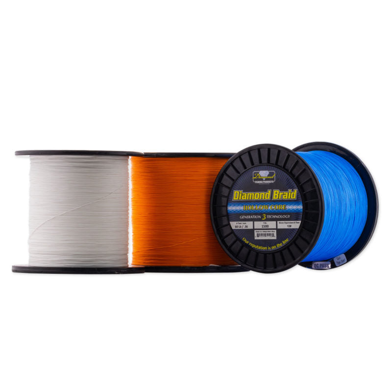 Diamond Braid Hollow Core Gen 3 Technology - White, Orange and Blue spools