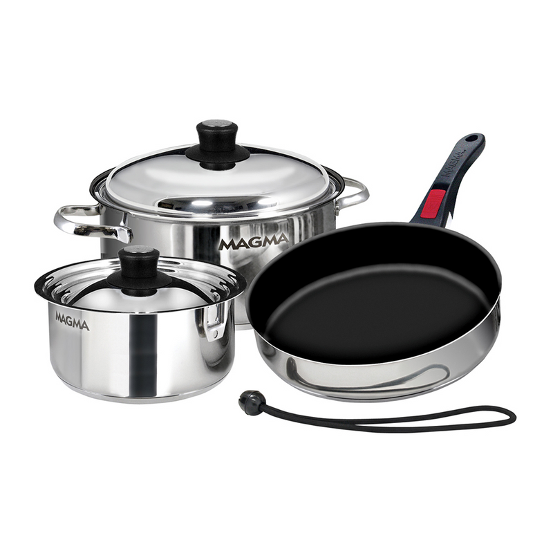 Magma stainless steel pots and pans with black interior.