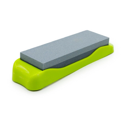 Sharpening stone with green base shown at angle
